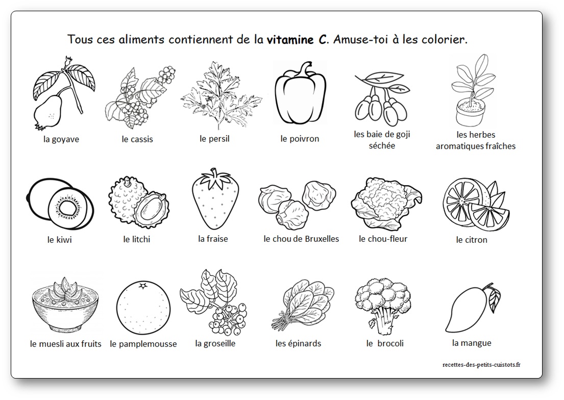 Coloriage des aliments et fruits et légumes contenant de la vitamine C
