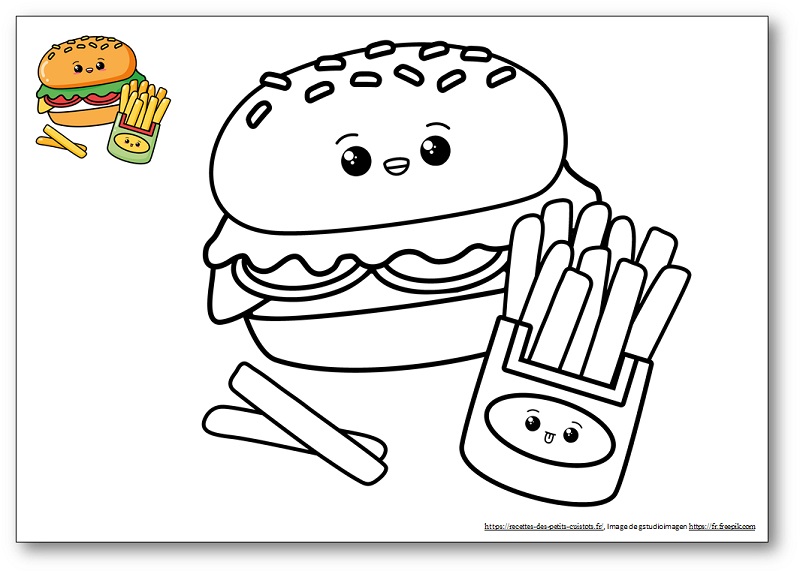 Coloriage d'un hamburger frites kawaii avec modèle à imprimer