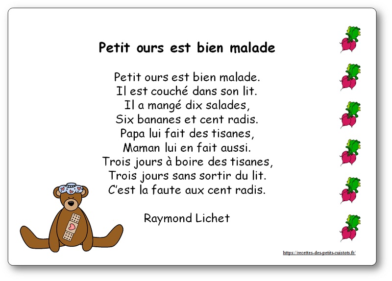 Poésie Petit ours est bien malade paroles de Raymond Lichet